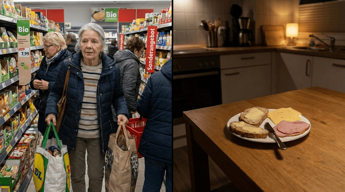 Seniorin beim Einkauf und eine einfache kalte Mahlzeit zu Hause